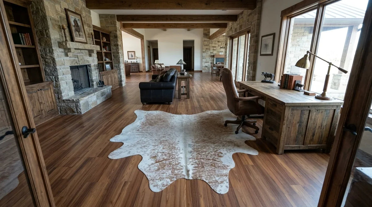 Brown and White cowhide rug under desk in texas ranch home office