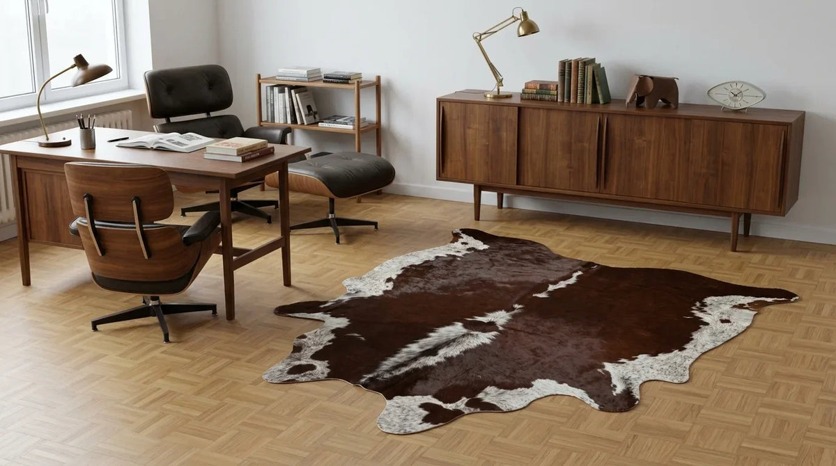 Brown and White cowhide rug under desk in Midcentury Modern home office