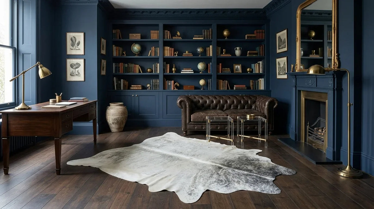 Brown and White cowhide rug under desk in London Townhouse home office