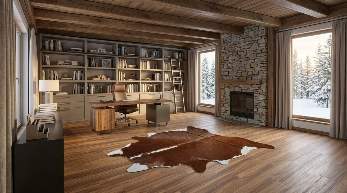 Brown and White cowhide rug under desk in modern chalet home office