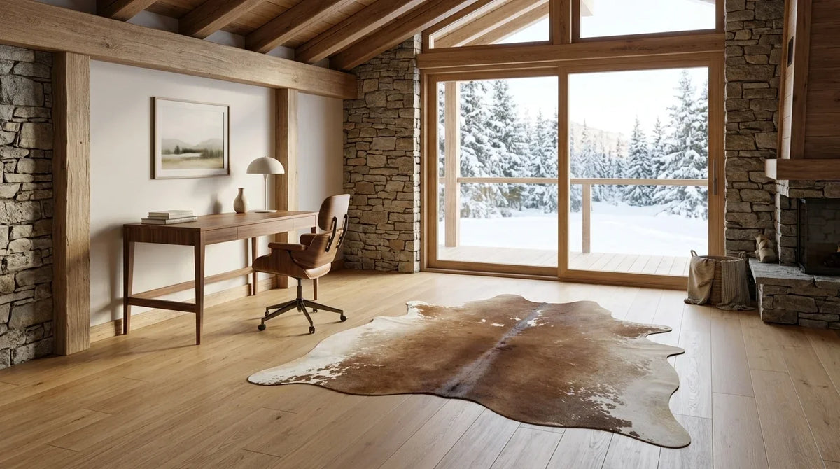 Brown and White cowhide rug under desk in modern chalet home office