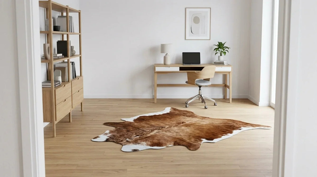 Kuhfell in Braun-Weiß im Arbeitszimmer im zeitgenössischen europäischen Stil