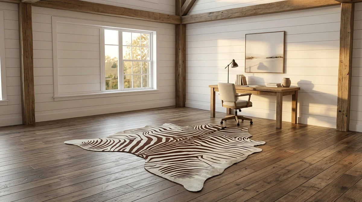 Brown and White cowhide rug under desk in modern farmhouse home office