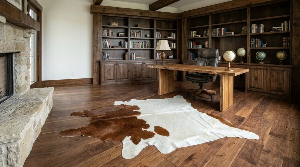 Brown and White cowhide rug under desk in texas ranch home office