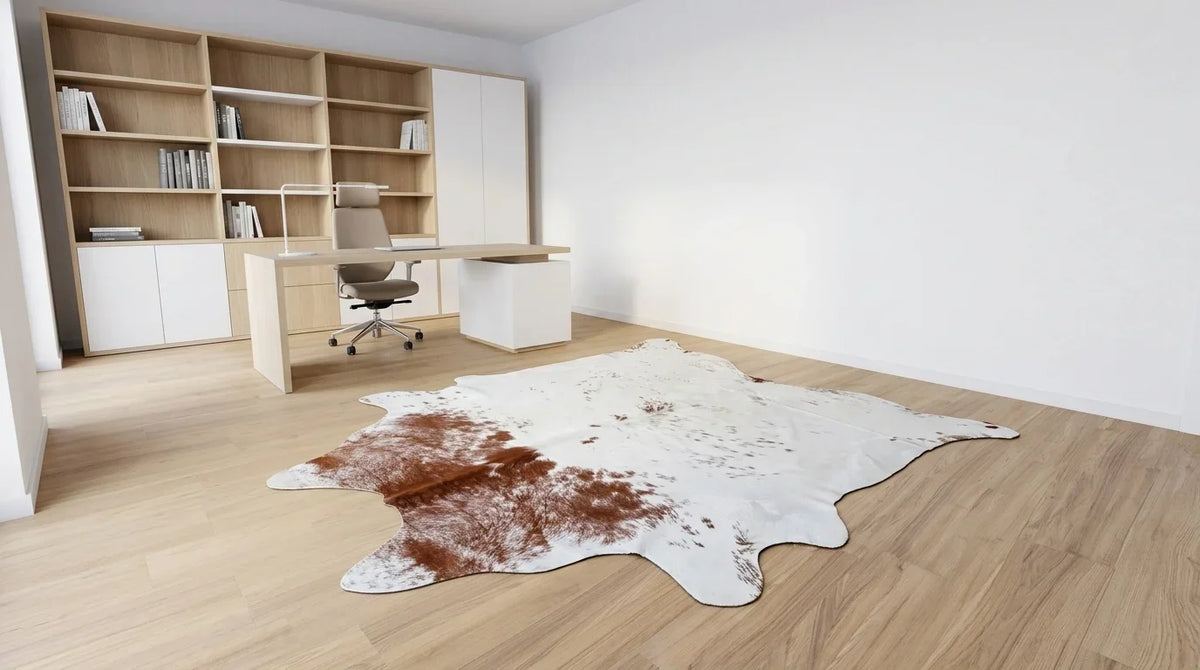 Kuhfell in Braun-Weiß im Arbeitszimmer im zeitgenössischen europäischen Stil