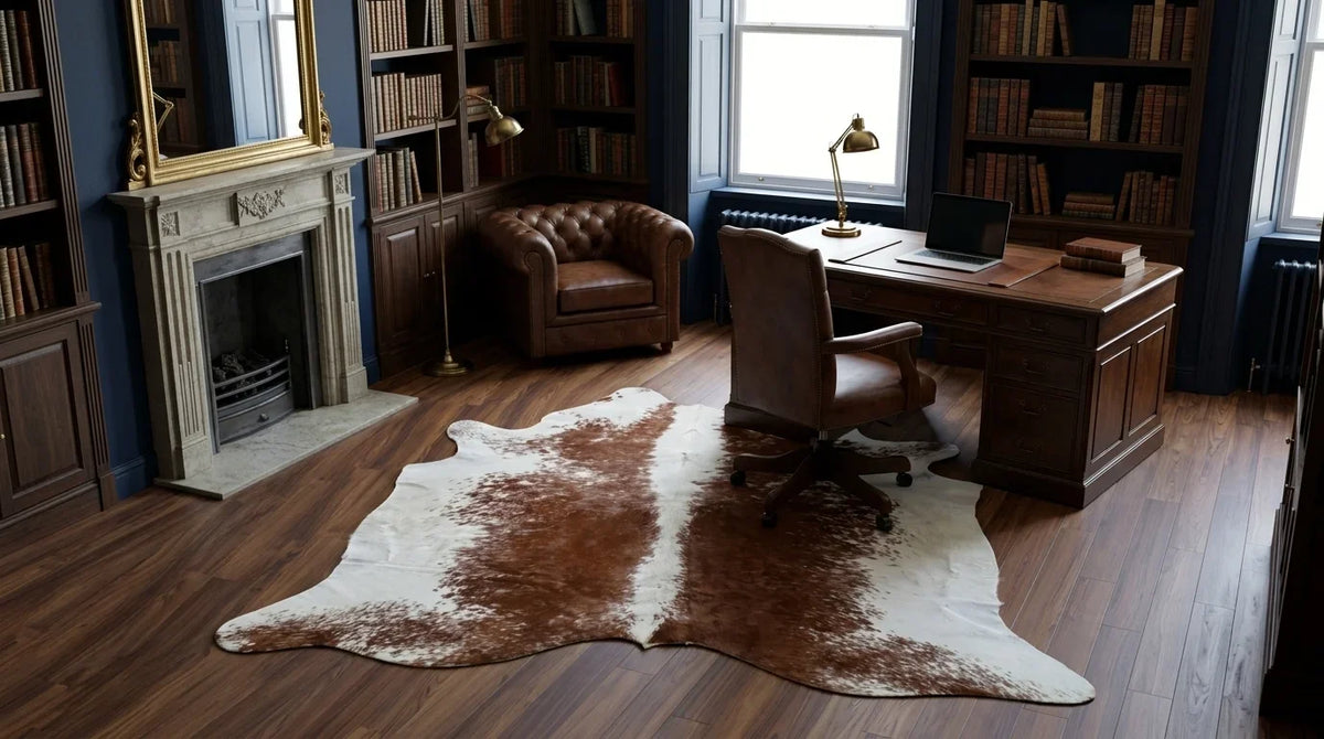 Brown and White cowhide rug under desk in London Townhouse home office