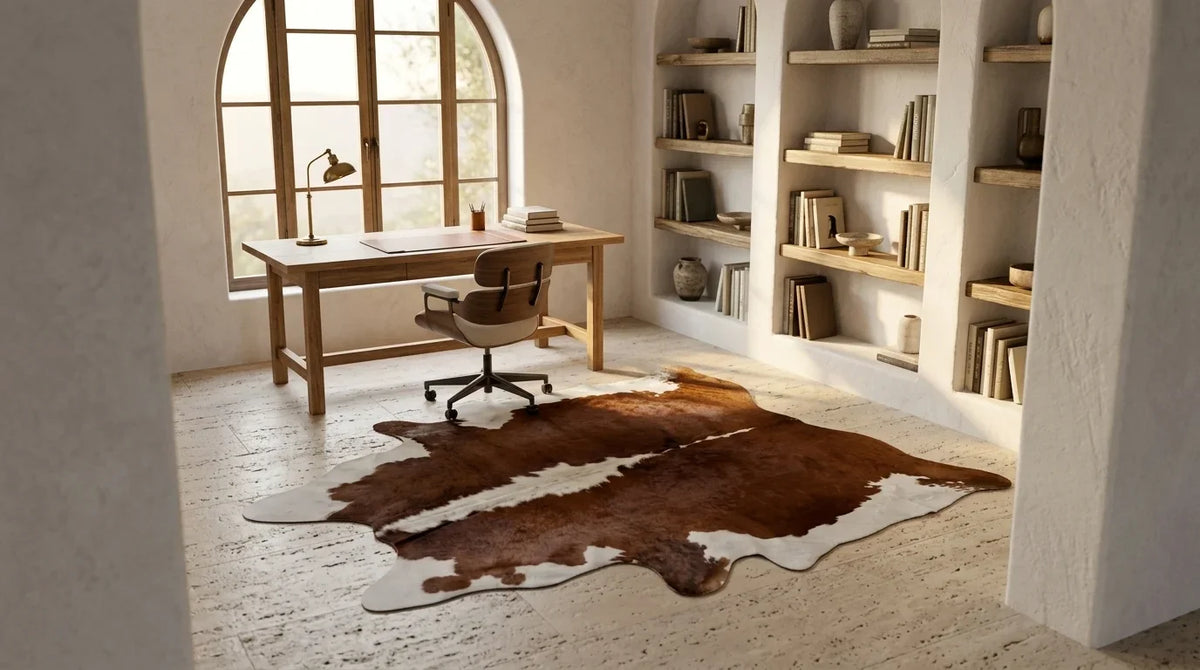Kuhfell in Braun-Weiß im Arbeitszimmer im mediterranen Villenstil
