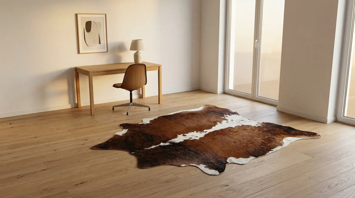 Brown and White cowhide rug under desk in contemporary european home office