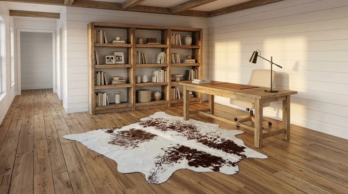 Brown and White cowhide rug under desk in modern farmhouse home office