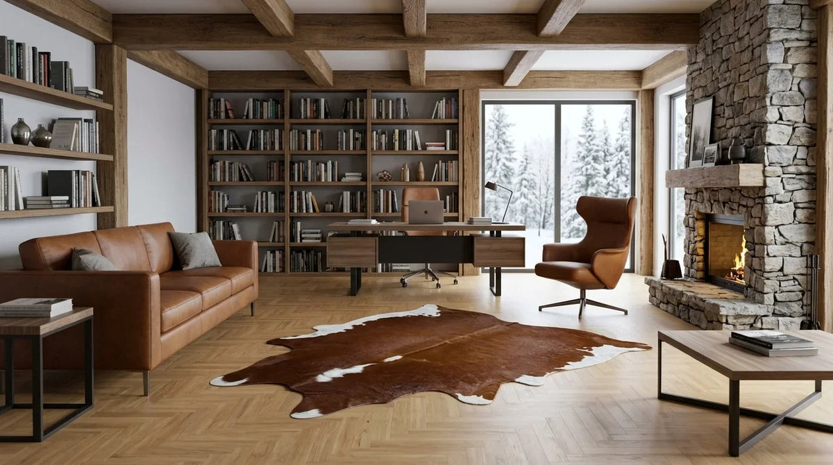 Brown and White cowhide rug under desk in modern chalet home office