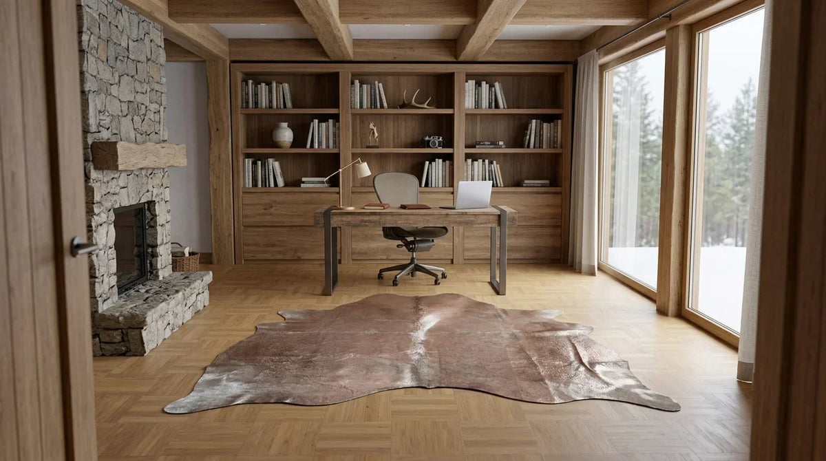 Brown and White cowhide rug under desk in modern chalet home office