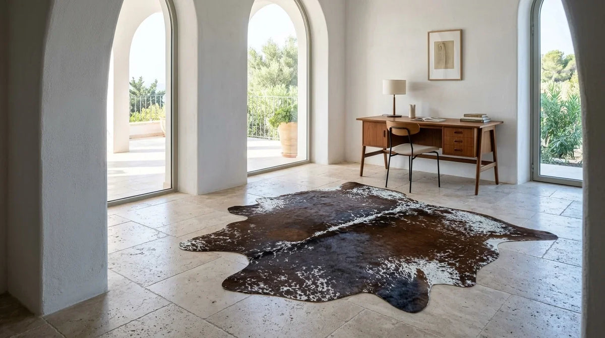 Brown and White cowhide rug under desk in organic mediterranean home office