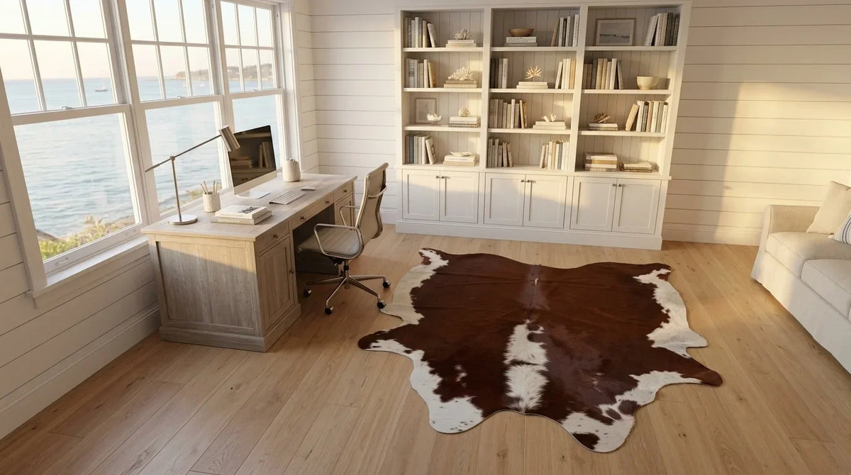 Brown and White cowhide rug under desk in hamptons coastal home office