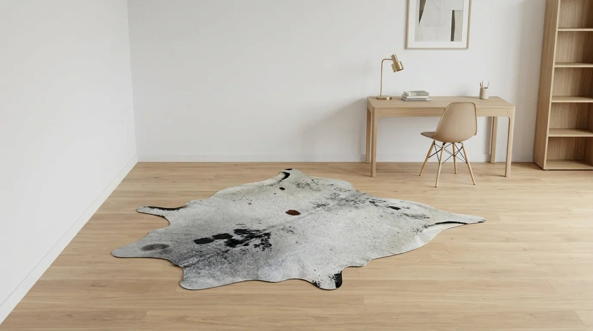 Brown and White cowhide rug under desk in contemporary european home office