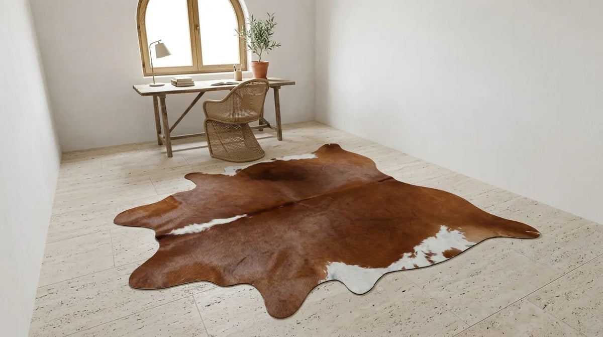Brown and White cowhide rug under desk in Organic Mediterranean home office