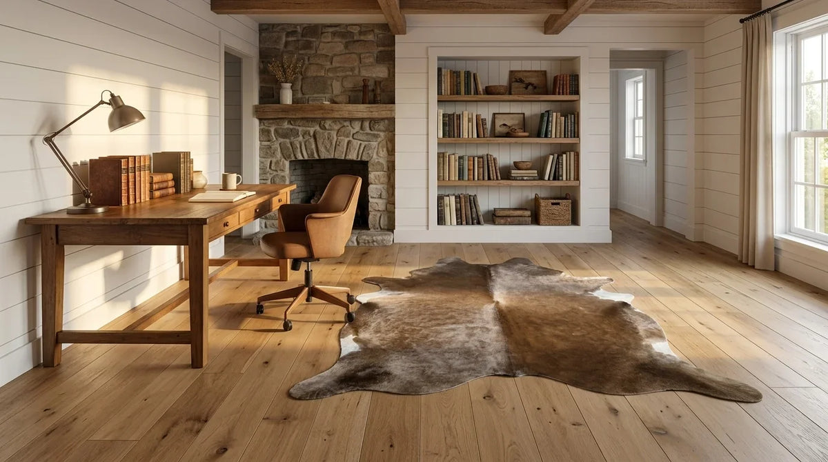 Brown and White cowhide rug under desk in modern farmhouse home office