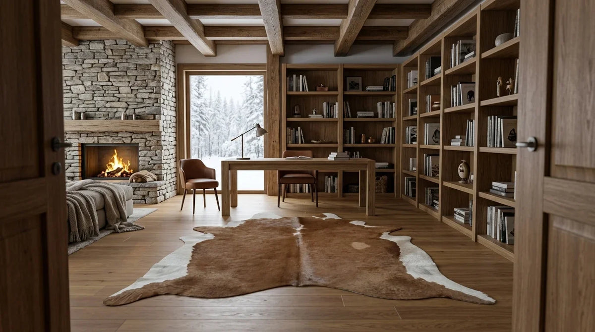 Brown and White cowhide rug under desk in modern chalet home office