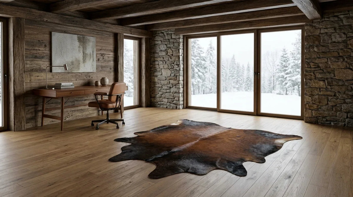 Brown and White cowhide rug under desk in modern chalet home office