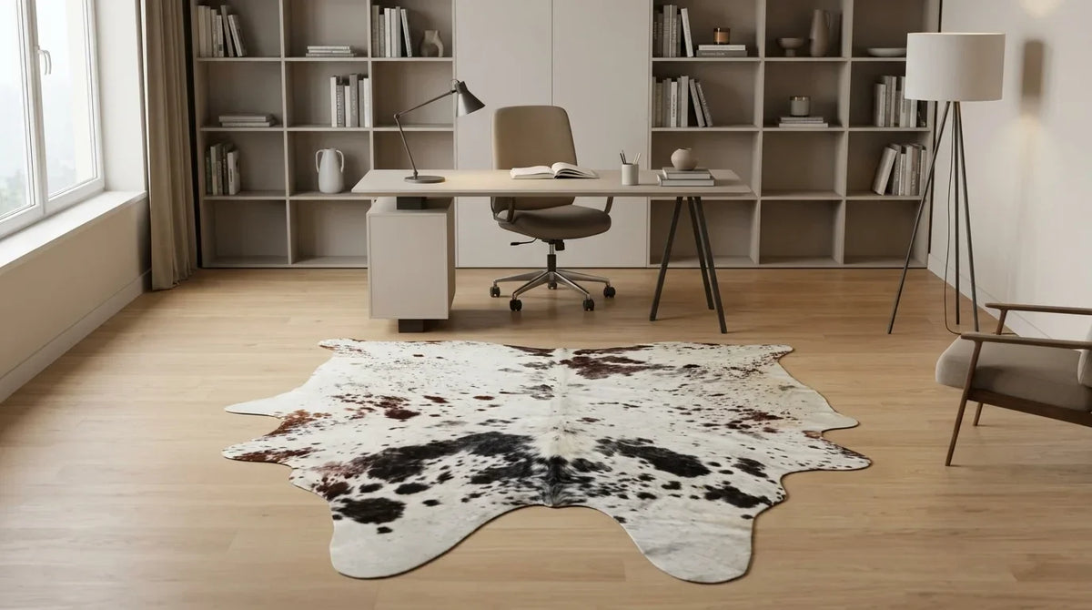 Brown and White cowhide rug under desk in contemporary european home office