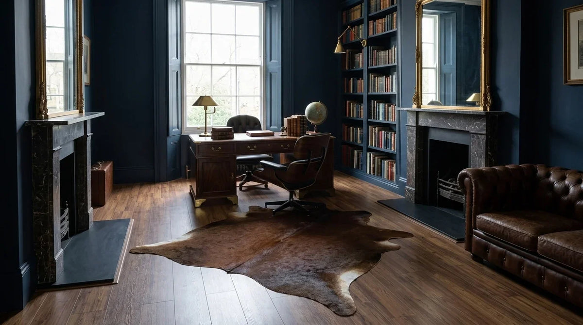 Brown and White cowhide rug under desk in london townhouse home office