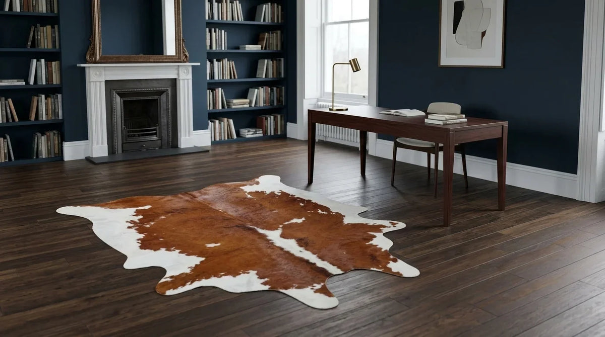 Brown and White cowhide rug under desk in london townhouse home office