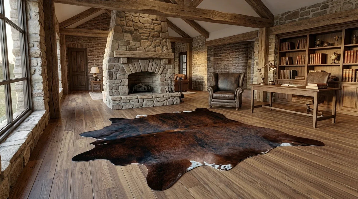 Brown and White cowhide rug under desk in texas ranch home office