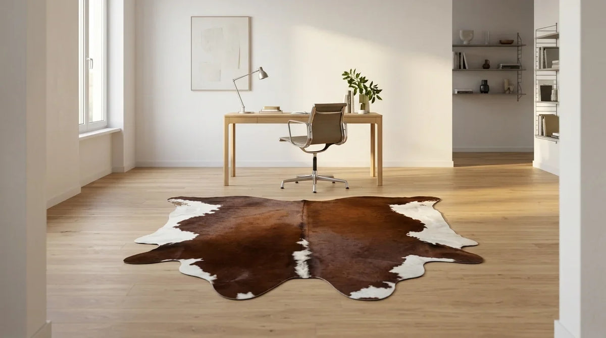 Brown and White cowhide rug under desk in contemporary european home office