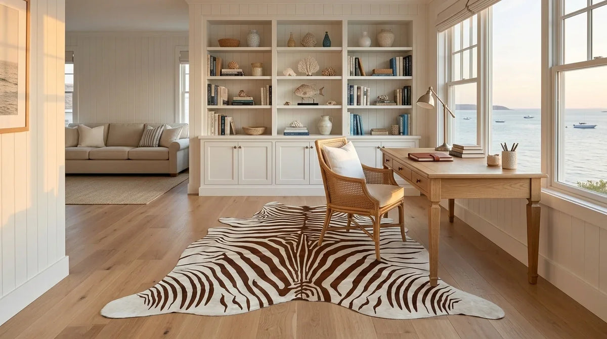 Brown and White cowhide rug under desk in hamptons coastal home office