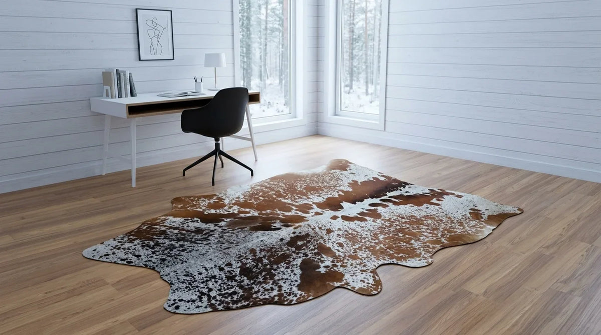 Brown and White cowhide rug under desk in Scandinavian Cabin home office