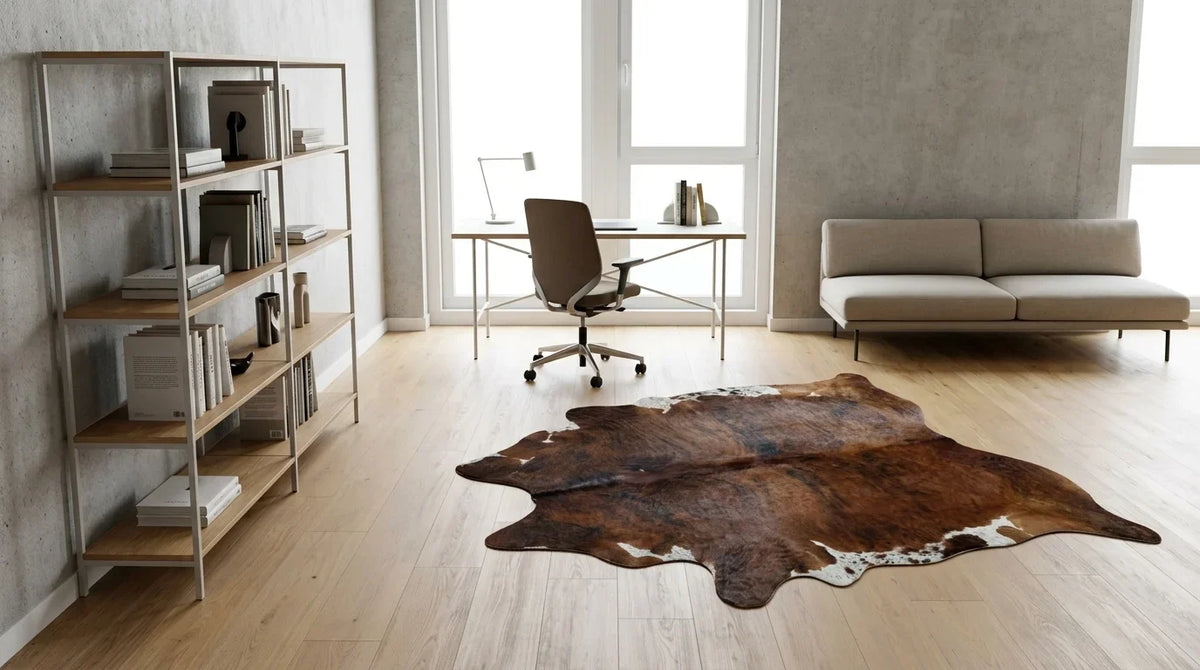 Brown and White cowhide rug under desk in contemporary european home office