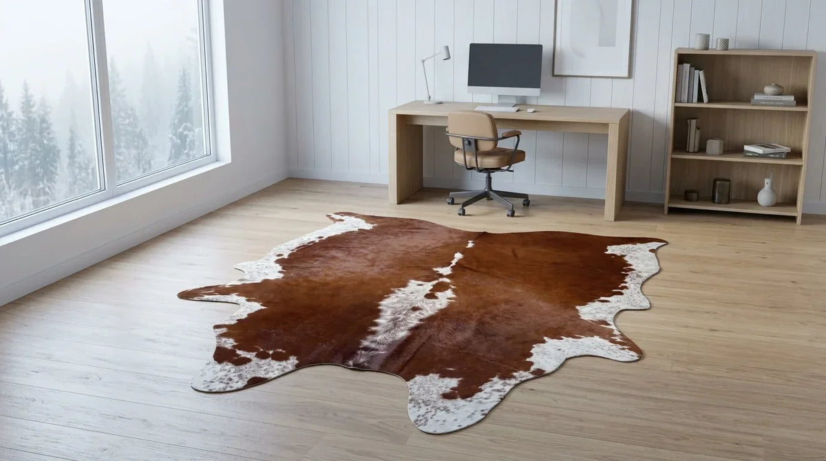 Brown and White cowhide rug under desk in scandinavian cabin home office