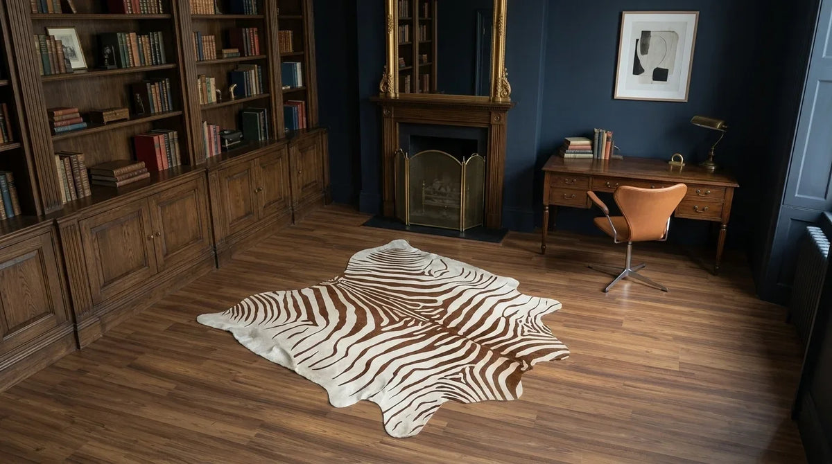 Brown and White cowhide rug under desk in london townhouse home office