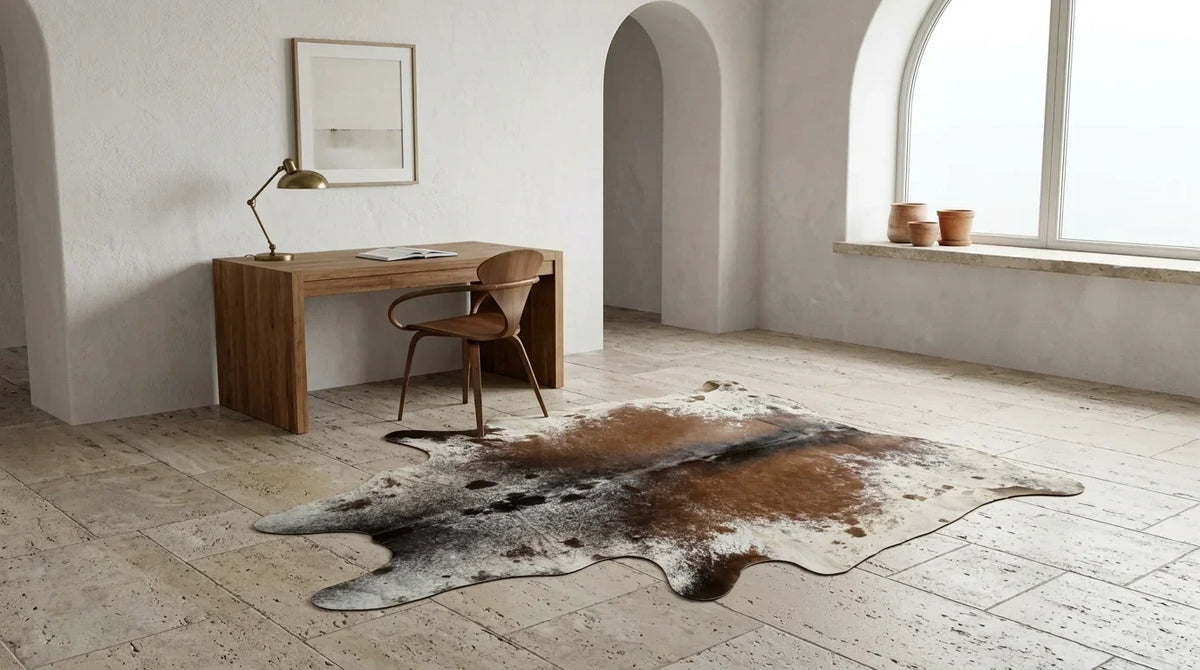 Brown and White cowhide rug under desk in organic mediterranean home office