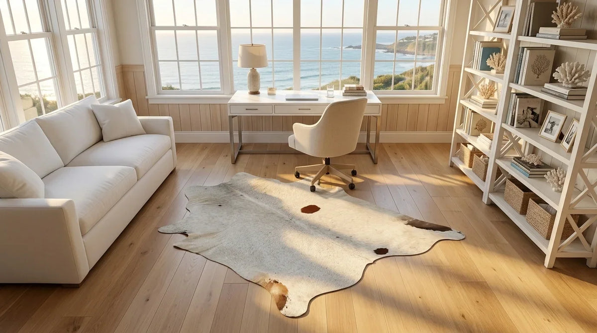 Brown and White cowhide rug under desk in hamptons coastal home office