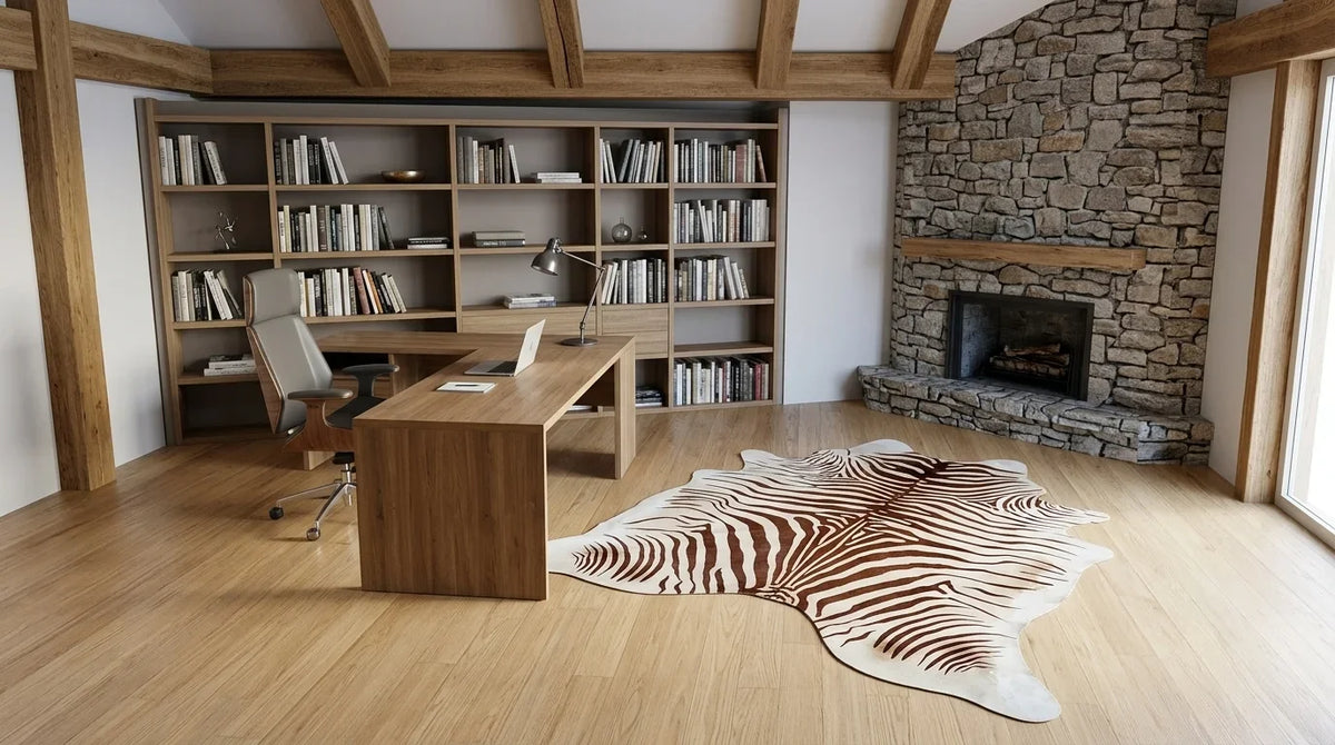 Brown and White cowhide rug under desk in modern chalet home office