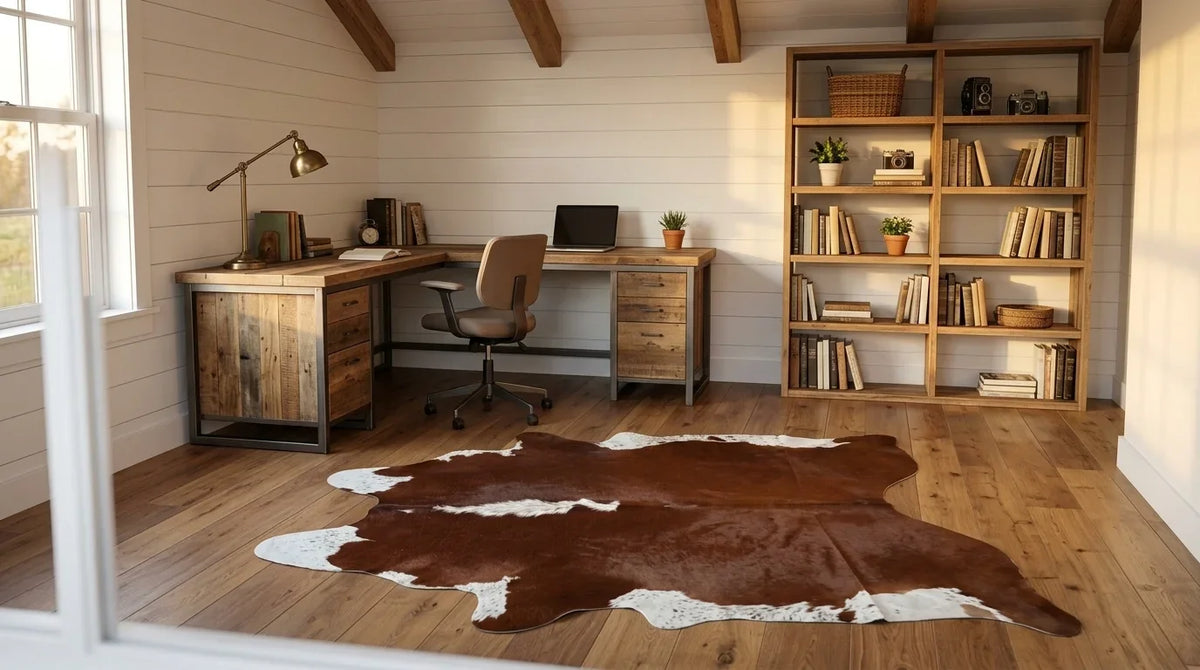 Kuhfell in Braun-Weiß im Arbeitszimmer im amerikanischen Landhausstil