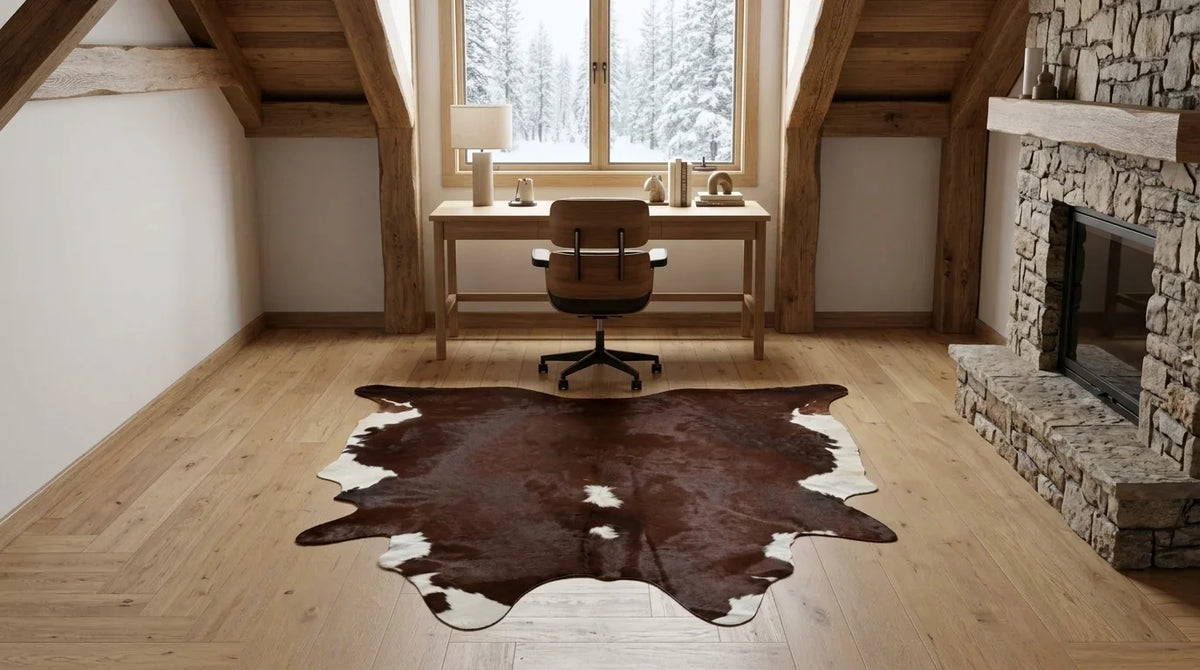 Brown and White cowhide rug under desk in Modern Chalet home office