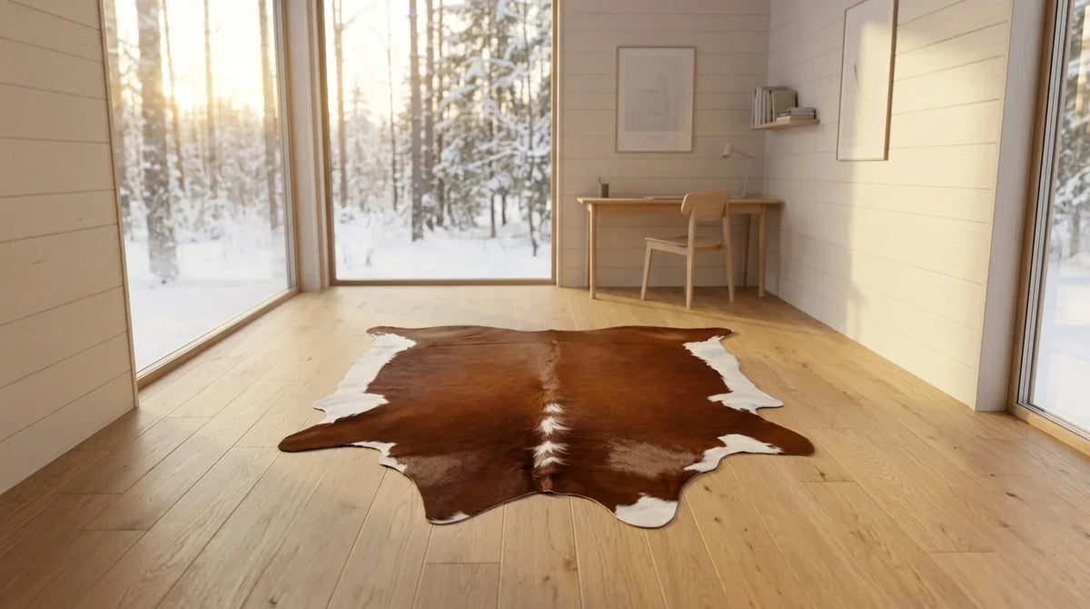 Brown and White cowhide rug under desk in Scandinavian Cabin home office