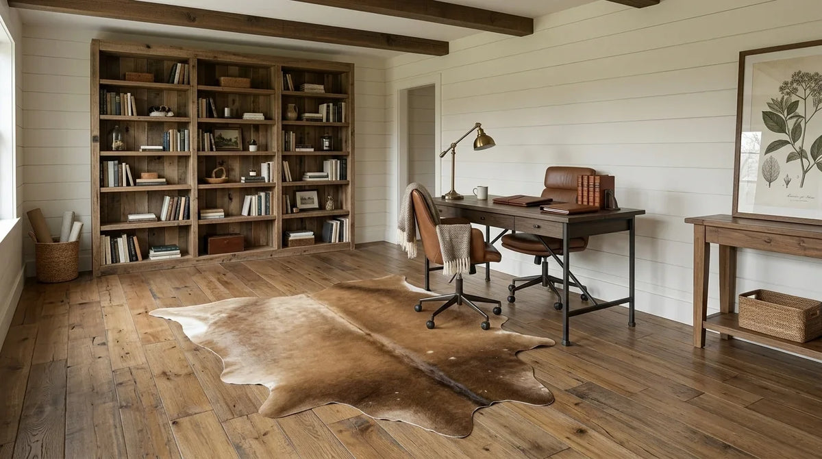 Brown and White cowhide rug under desk in modern farmhouse home office