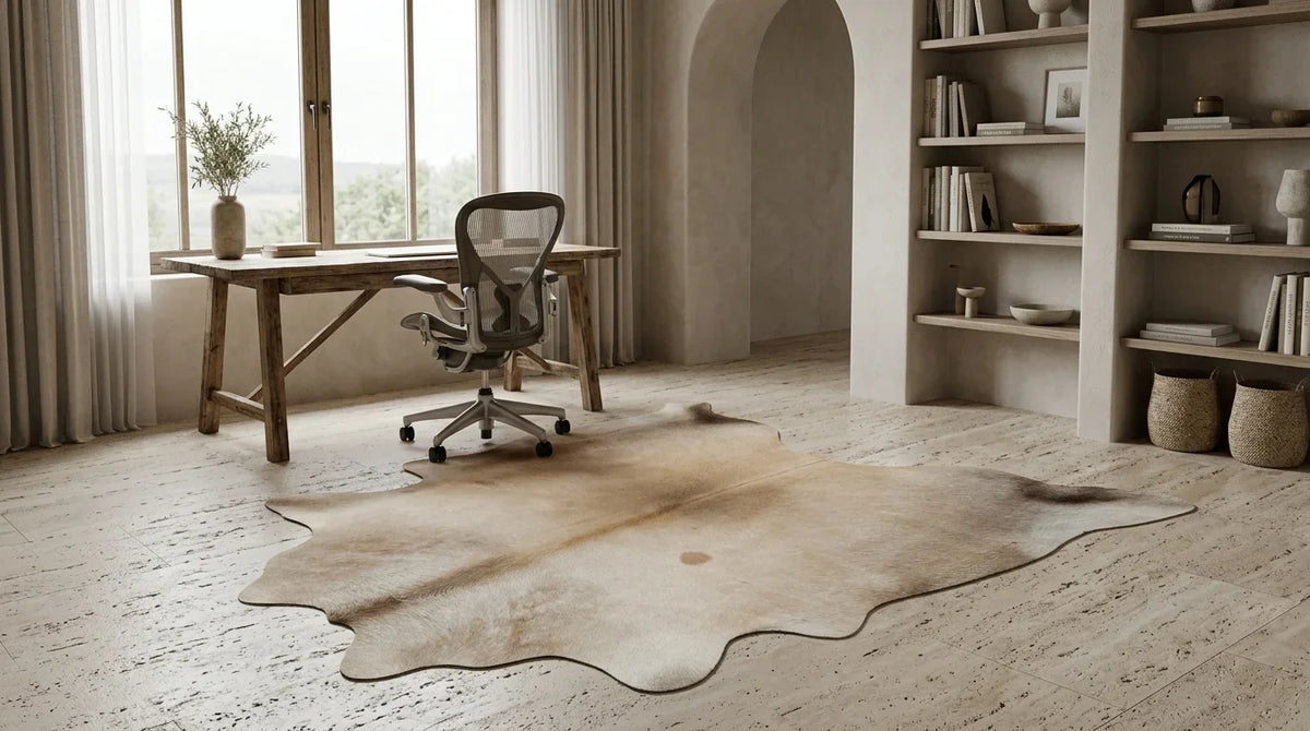 Brown and White cowhide rug under desk in organic mediterranean home office
