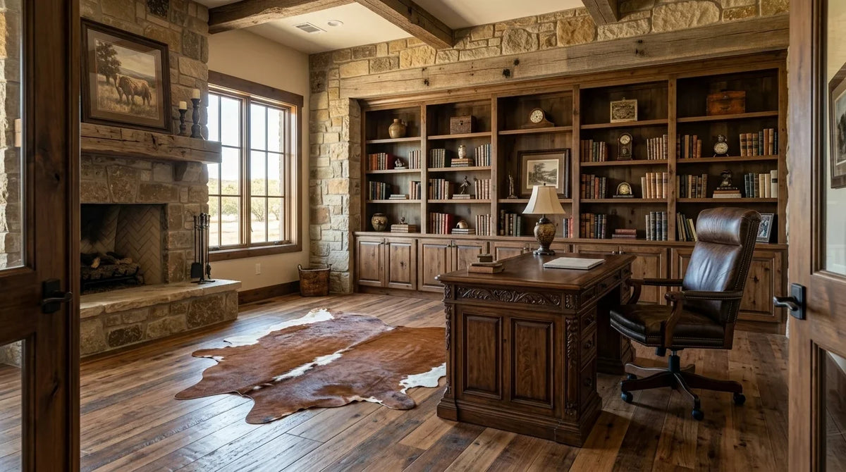 Brown and White cowhide rug under desk in texas ranch home office
