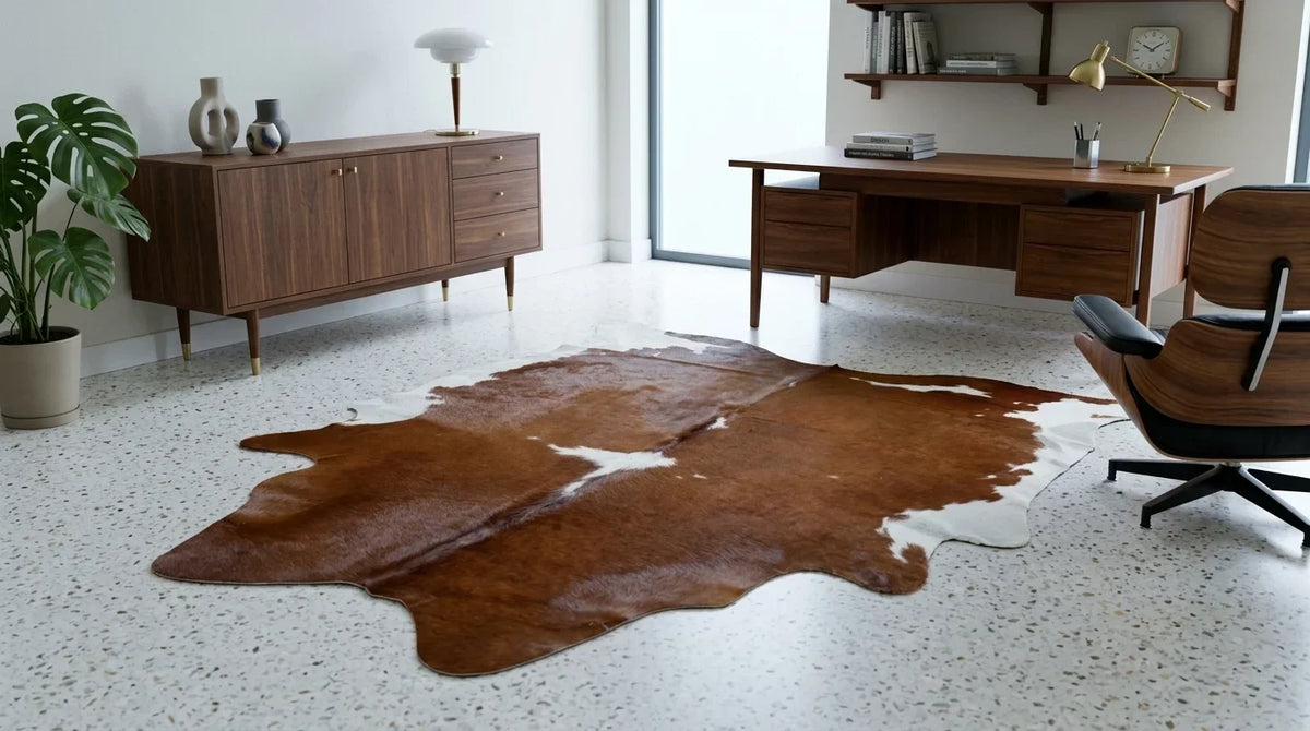 Brown and White cowhide rug under desk in Midcentury Modern home office