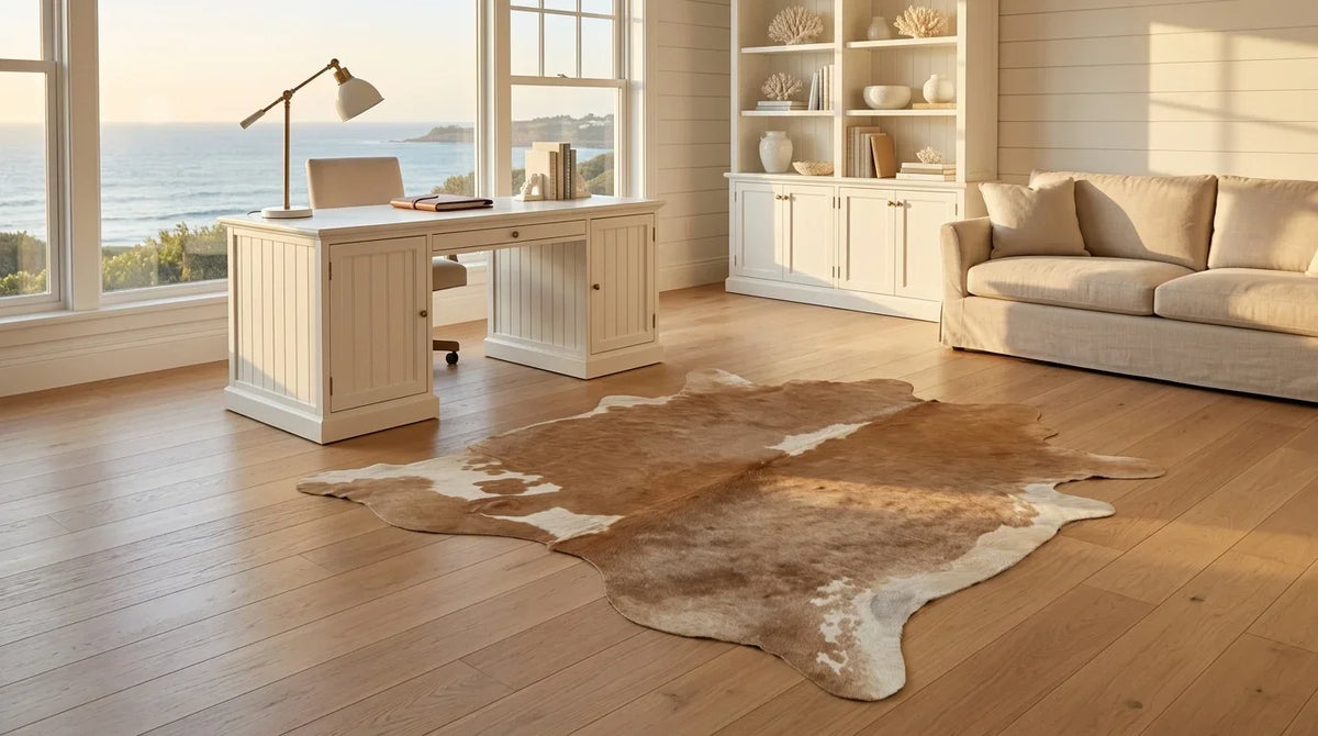Brown and White cowhide rug under desk in hamptons coastal home office