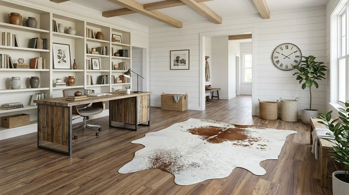 Brown and White cowhide rug under desk in Modern Farmhouse home office