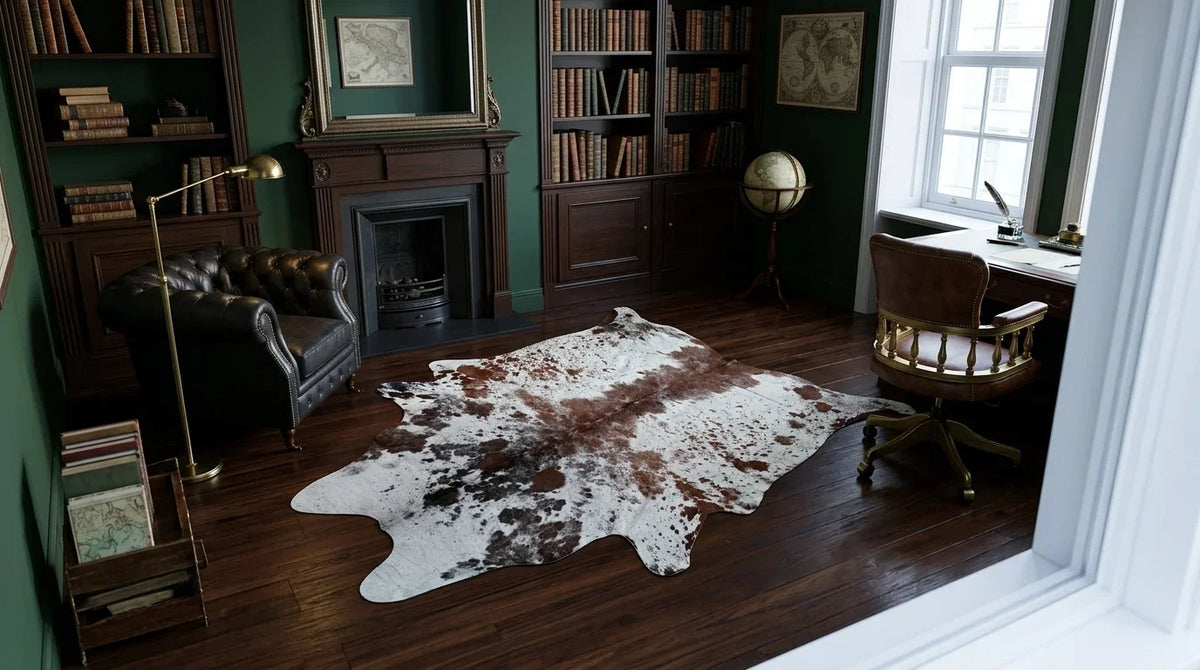Brown and White cowhide rug under desk in London Townhouse home office