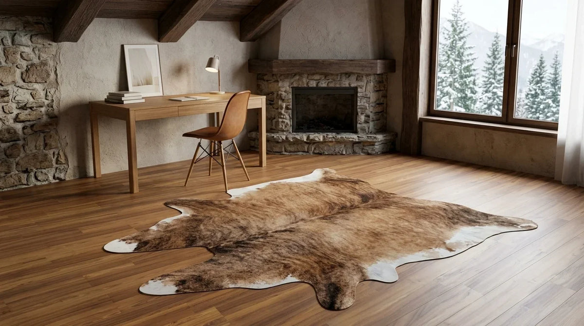 Kuhfell in Braun-Weiß im Arbeitszimmer im alpinen Chalet-Stil