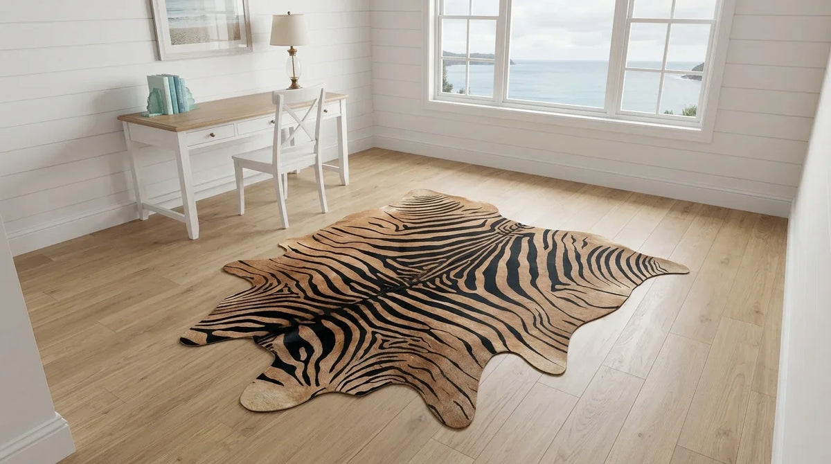 Brown and White cowhide rug under desk in hamptons coastal home office