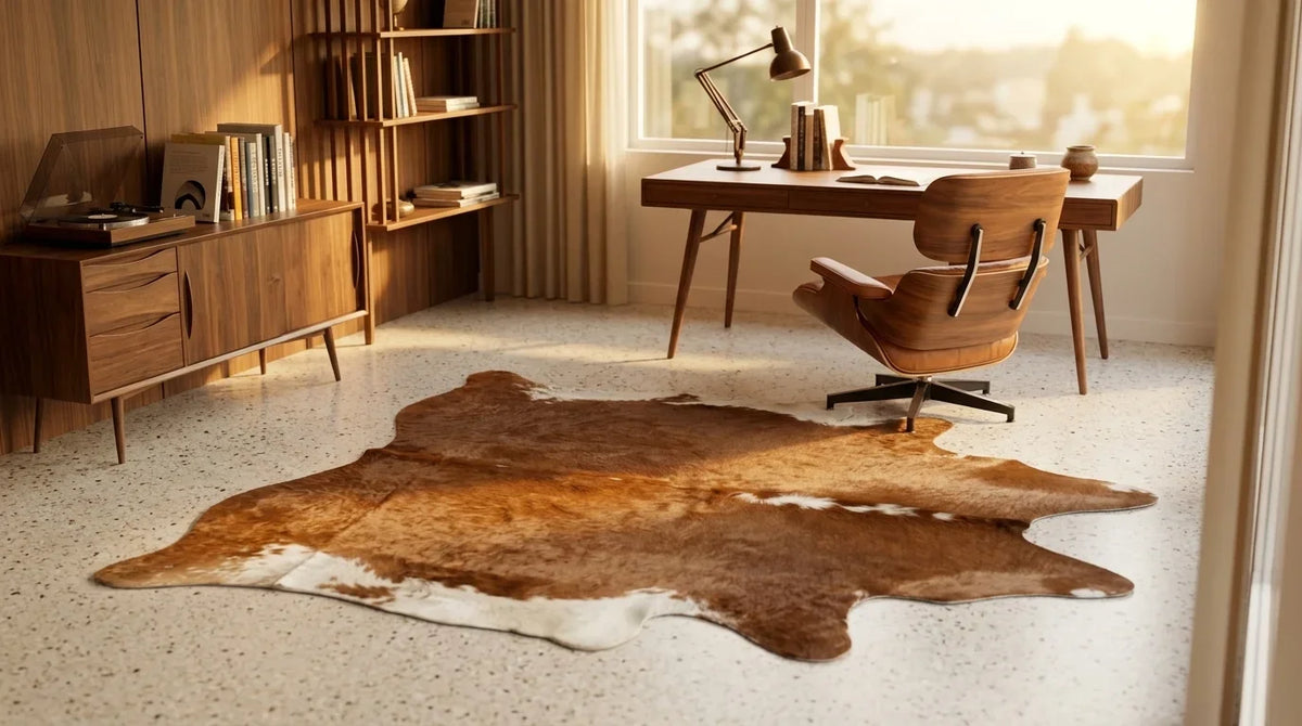 Brown and White cowhide rug under desk in midcentury modern home office