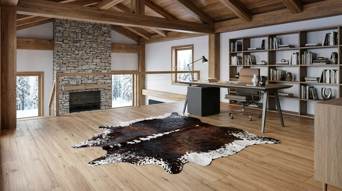 Brown and White cowhide rug under desk in Modern Chalet home office