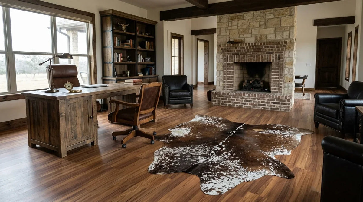 Brown and White cowhide rug under desk in texas ranch home office